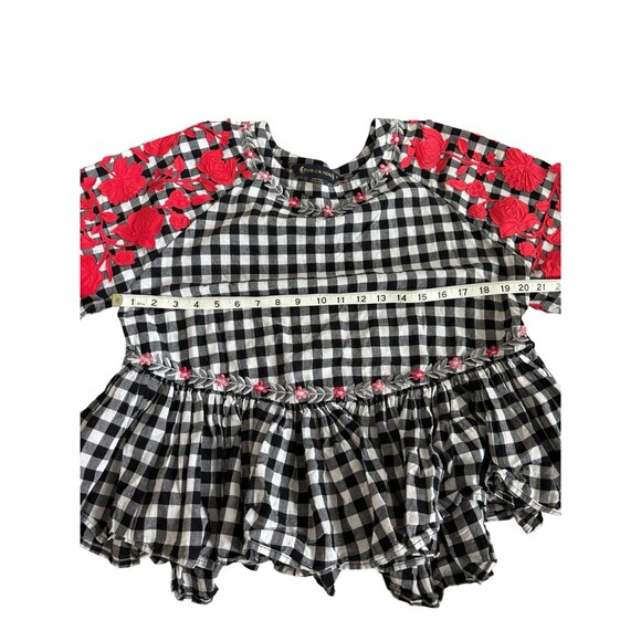 Pankaj Nidhi Anthropologie Boho Gingham Floral Top Peplum Size Small Embroidered - Picture 4 of 9